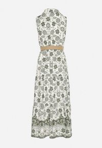 Born2be - Zielona Bawełniana Sukienka o Koszulowym Kroju Bez Rękawów z Paskiem Mirulenia. Okazja: na co dzień. Typ kołnierza: dekolt w kształcie V. Kolor: zielony. Materiał: bawełna. Długość rękawa: bez rękawów. Wzór: haft, aplikacja, kwiaty. Typ sukienki: koszulowe. Styl: casual #3