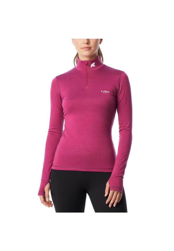 FJORK MERINO - Damski t-shirt z długim rękawem, 100% z wełny merynosów - Bjork 210 Zip. Kolor: różowy. Materiał: wełna. Długość rękawa: długi rękaw. Długość: długie. Sezon: zima. Sport: narciarstwo