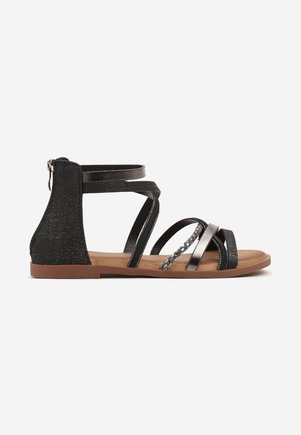Born2be - Czarne Sandały z Przeplatanymi Paskami z Cyrkoniami Zapinane na Suwak Zeleina. Okazja: na co dzień. Zapięcie: pasek. Kolor: czarny. Materiał: jeans. Wzór: paski. Styl: elegancki, klasyczny, casual