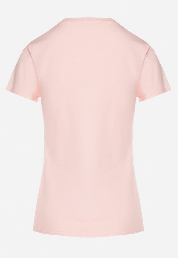 Born2be - Różowy T-shirt z Bawełny Ozdobiony Napisem i Cyrkoniami Raltebis. Okazja: na co dzień. Kolor: różowy. Materiał: bawełna. Wzór: napisy, aplikacja. Sezon: lato, wiosna. Styl: casual, klasyczny