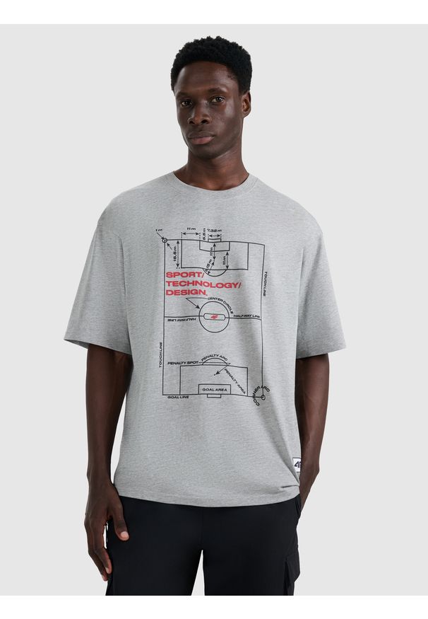 4f - 4F T-shirt oversize z nadrukiem męski - szary L. Okazja: na co dzień. Kolor: szary. Materiał: bawełna. Wzór: nadruk. Styl: casual