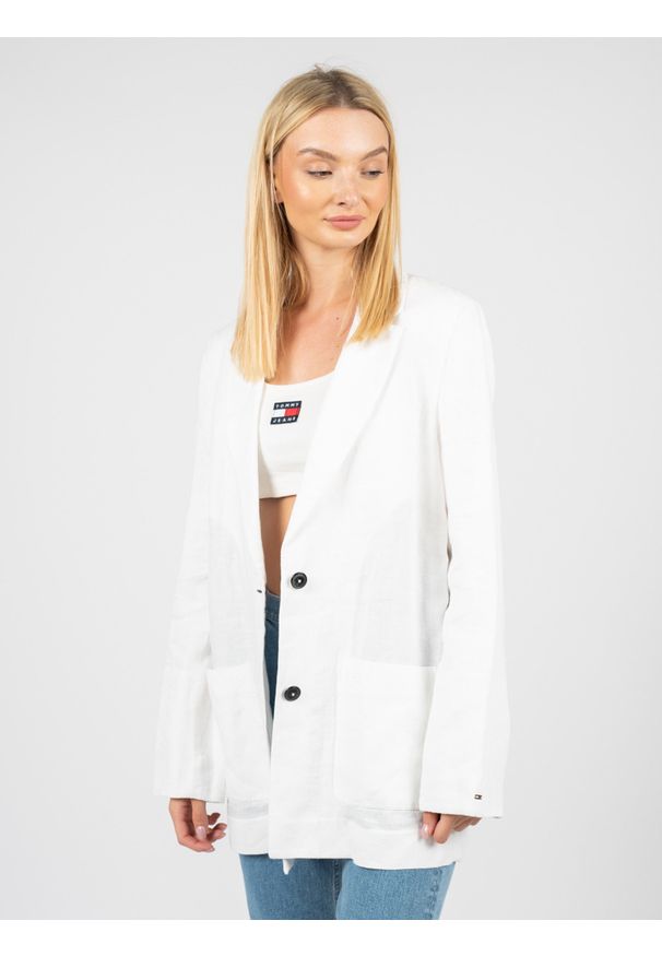 TOMMY HILFIGER - Tommy Hilfiger Marynarka | WW0WW33195 | Kobieta | Biały. Okazja: na co dzień. Kolor: biały. Materiał: len. Długość: długie. Styl: casual
