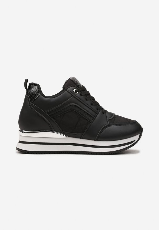 Born2be - Czarne Sneakersy na Ukrytym Koturnie z Metaliczną Wstawką i Brokatem Forcia. Nosek buta: okrągły. Zapięcie: sznurówki. Kolor: czarny. Materiał: materiał. Obcas: na koturnie. Wysokość obcasa: średni