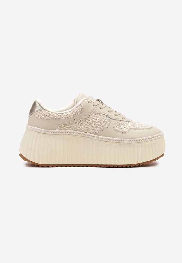 Born2be - Beżowe Skórzane Sneakersy na Grubej Podeszwie z Tłoczeniami Foiriva. Okazja: na co dzień. Kolor: beżowy. Materiał: skóra. Szerokość cholewki: normalna