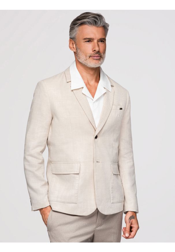 Ombre Clothing - Męska marynarka o kroju REGULAR z lnem - kremowa V1. Okazja: do pracy. Kolor: kremowy. Materiał: len. Wzór: aplikacja. Styl: elegancki, klasyczny