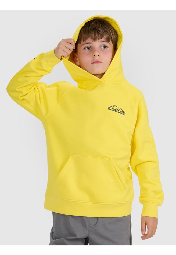4f - 4F Bluza dresowa oversize z kapturem chłopięca - żółta 158 (12-13 lat). Okazja: na uczelnię, na co dzień. Typ kołnierza: kaptur. Kolor: żółty. Materiał: dresówka. Długość rękawa: raglanowy rękaw. Sezon: lato. Styl: sportowy, klasyczny, casual
