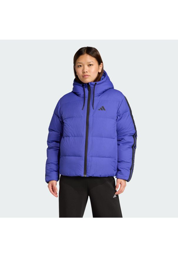 Adidas - Puchowa kurtka z kapturem Essentials Climawarm z 3 paskami. Typ kołnierza: kaptur. Kolor: niebieski. Materiał: puch. Technologia: ClimaWarm (Adidas)