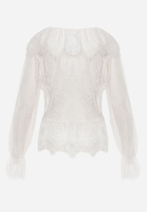 Born2be - Biała Bawełniana Bluzka z Transparentnej Koronki z Falbankami w Stylu Boho Palamna. Okazja: na co dzień. Typ kołnierza: kołnierz z falbankami. Kolor: biały. Materiał: bawełna, koronka. Długość: długie. Wzór: koronka. Styl: boho