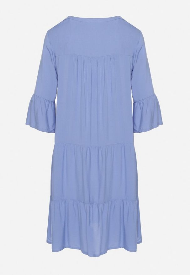 Born2be - Niebieska Rozkloszowana Sukienka z Wiskozy z Falbanami Izleia. Okazja: na co dzień. Kolor: niebieski. Materiał: wiskoza. Styl: casual, elegancki