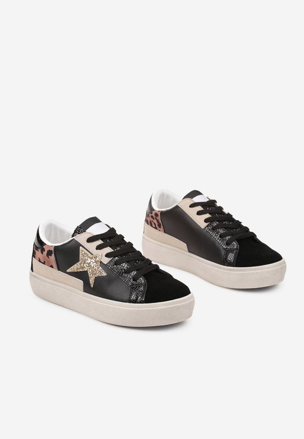 Renee - Czarne Sneakersy na Niskiej Platformie z Brokatowymi Zdobieniami Felaven. Okazja: na co dzień. Kolor: czarny. Materiał: jeans. Wzór: aplikacja. Obcas: na platformie