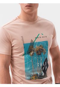 Ombre Clothing - T-shirt męski z nadrukiem S1434 V-14B - różowy - XXL. Kolor: różowy. Materiał: bawełna. Wzór: nadruk. Styl: klasyczny