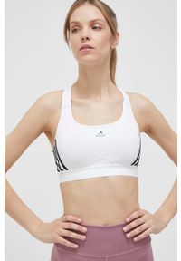 adidas Performance biustonosz sportowy Powerreact kolor biały. Kolor: biały. Materiał: skóra, dzianina, materiał. Rodzaj stanika: wyciągane miseczki. Wzór: ze splotem. Sport: fitness, taniec #1
