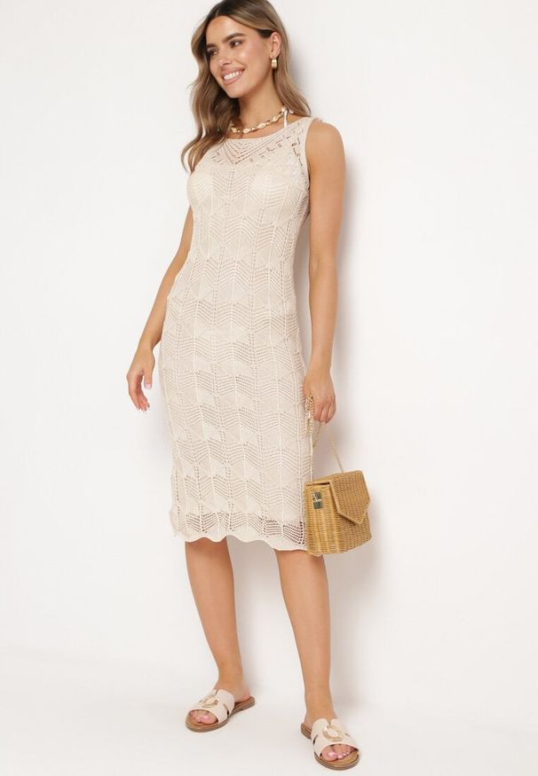 Born2be - Beżowa Sukienka Bodycon z Ażurowej Dzianiny z Halką w Komplecie Willowas. Okazja: na co dzień. Kolor: beżowy. Materiał: dzianina. Wzór: ażurowy. Typ sukienki: bodycon. Styl: elegancki, casual
