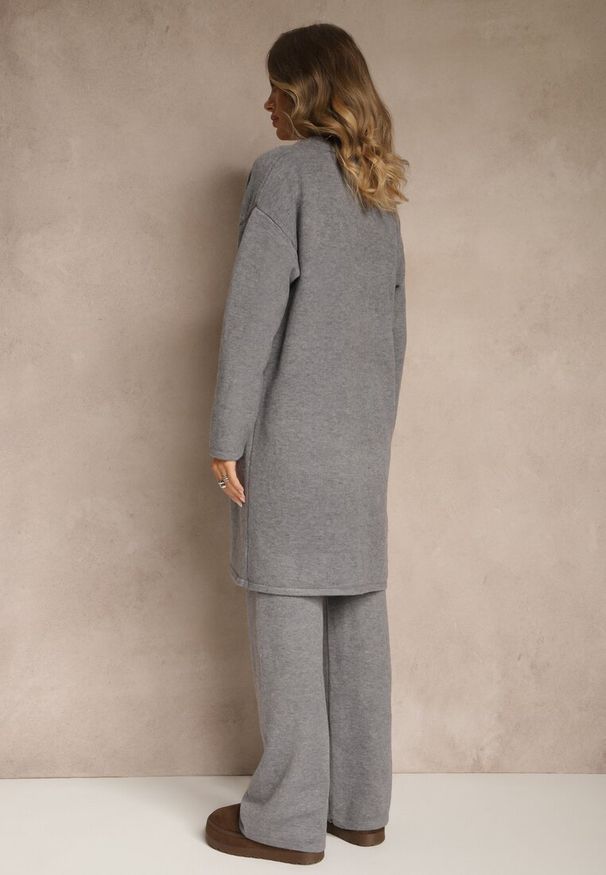 Renee - Szary Komplet z Dzianiny z Wełną Długi Kardigan Spodnie i Kamizelka Otizane. Kolekcja: plus size. Kolor: szary. Materiał: wełna, dzianina. Wzór: aplikacja