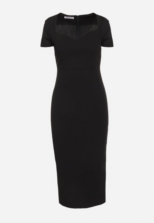 Born2be - Czarna Taliowana Koktajlowa Sukienka z Wiskozą i Rozcięciem z Tyłu Castorea. Okazja: na co dzień. Kolor: czarny. Materiał: wiskoza. Długość rękawa: krótki rękaw. Styl: wizytowy