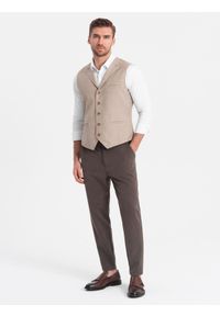 Ombre Clothing - Spodnie męskie chino z gumką w pasie SLIM FIT - czekoladowe V2 - Rozmiar: XL. Okazja: na co dzień. Kolor: brązowy. Materiał: wiskoza, elastan, poliester. Styl: casual