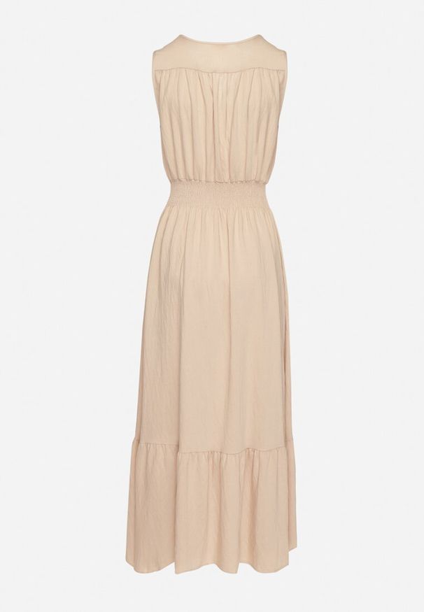 Born2be - Beżowa Kopertowa Sukienka z Wiskozy Bez Rękawów Nalimira. Okazja: na co dzień, na spotkanie biznesowe. Typ kołnierza: dekolt w serek. Kolor: beżowy. Materiał: wiskoza. Długość rękawa: bez rękawów. Typ sukienki: kopertowe. Styl: biznesowy, casual, klasyczny