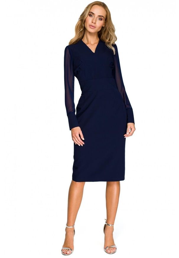 Style - Elegancka koktajlowa sukienka z szyfonowymi rękawami. Typ kołnierza: dekolt w kształcie V. Materiał: szyfon. Styl: wizytowy, elegancki