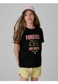 4f - 4F T-shirt regular z nadrukiem dziewczęcy - czarny 140 (9-10 lat). Okazja: na co dzień. Kolor: czarny. Materiał: materiał, bawełna, dzianina. Wzór: nadruk. Sezon: lato. Styl: casual #1