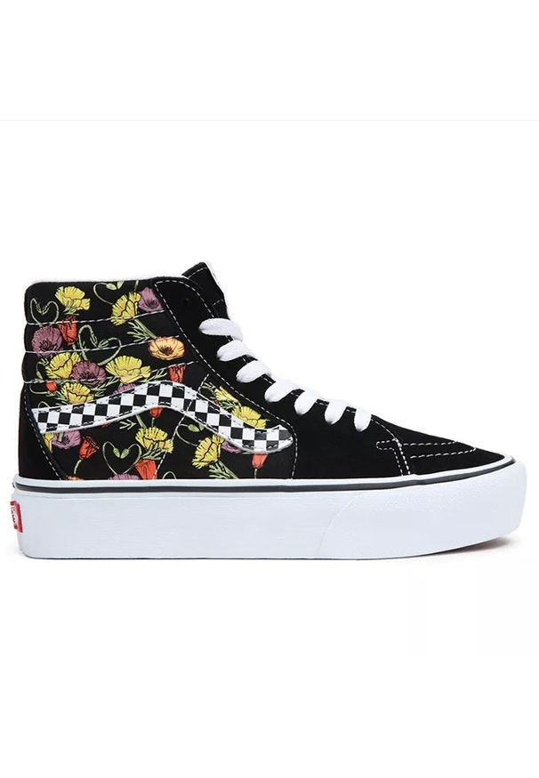 Buty Vans SK8-HI Platform 2.0 VN0A5KY2BML1 - czarne. Okazja: na co dzień. Wysokość cholewki: przed kolano. Zapięcie: sznurówki. Kolor: czarny. Materiał: materiał, zamsz, guma. Szerokość cholewki: normalna. Obcas: na platformie. Model: Vans SK8