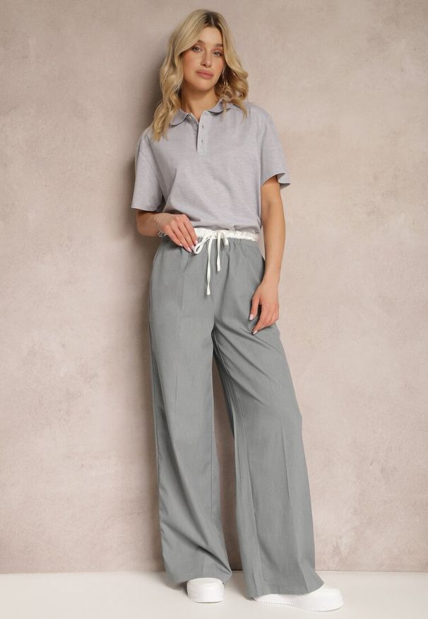 Renee - Szare Materiałowe Spodnie z Szerokimi Nogawkami High Waist z Gumką w Talii Comina. Okazja: na co dzień. Stan: podwyższony. Kolor: szary. Materiał: materiał. Styl: casual, elegancki