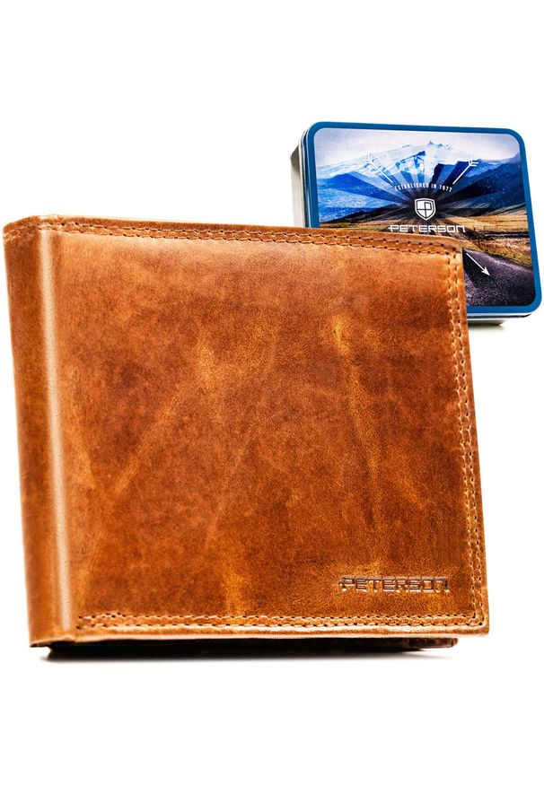 Duży, brązowy, skórzany portfel męski wyposażony w system RFID - Peterson. Kolor: brązowy. Materiał: skóra