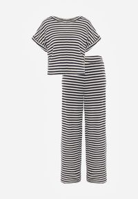 Born2be - Beżowo-Granatowy Dzianinowy Komplet z Bawełną Ozdobiony Wzorem w Paski Spodnie i Bluzka Amiphisia. Kolor: beżowy. Materiał: bawełna, dzianina. Wzór: paski, aplikacja #2