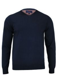 Sweter w Serek (V-neck) Granatowy Męski, 100% Bawełna, Elegancki - Adriano Guinari. Okazja: na co dzień, do pracy, na spotkanie biznesowe. Typ kołnierza: dekolt w serek. Kolor: niebieski. Materiał: bawełna. Styl: elegancki