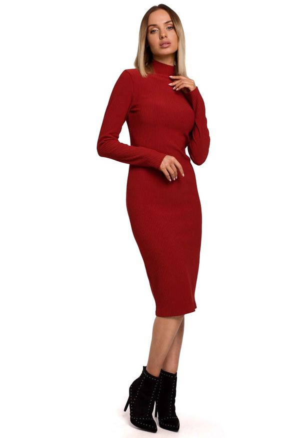MOE - Ołówkowa Sukienka z Półgolfem - Ceglasta. Kolor: czerwony. Materiał: poliester, elastan. Typ sukienki: ołówkowe