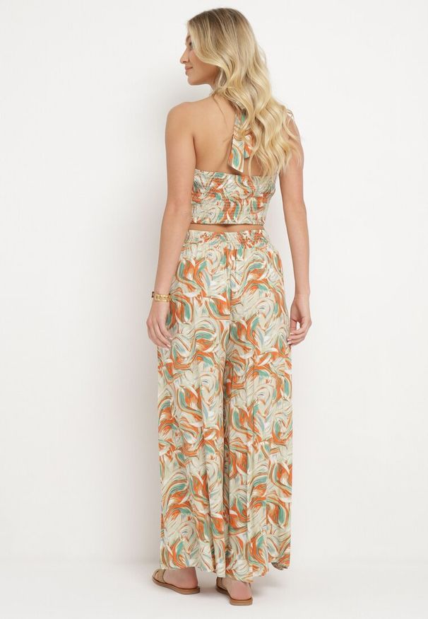 Born2be - Pomarańczowo-Zielony Bawełniany Komplet Top na Ramiączkach z Gumką w Talii Szerokie Spodnie Palazzo Hoadia. Kolor: pomarańczowy. Materiał: bawełna