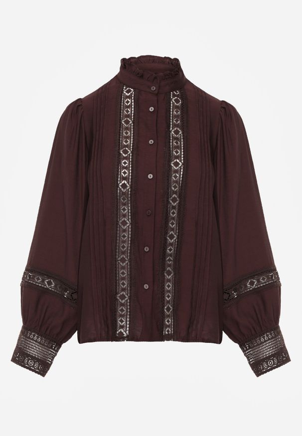 Born2be - Brązowa Koszula ze Stójką i Koronką Argochis. Typ kołnierza: kołnierzyk stójkowy. Kolor: brązowy. Materiał: koronka. Wzór: koronka