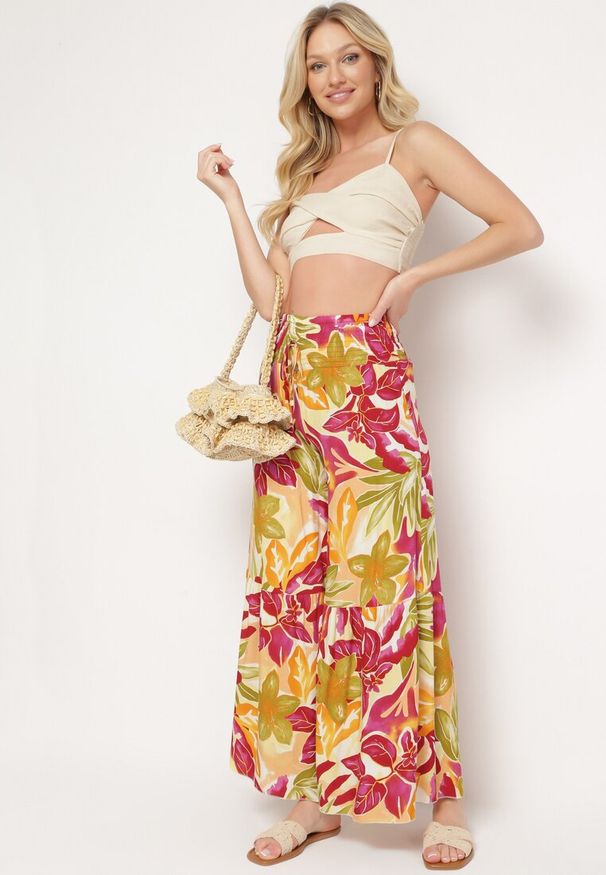 Born2be - Żółto-Różowe Wiskozowe Spodnie Typu Palazzo z Cienkimi Gumkami w Pasie i Wysokim Stanem Graesta. Okazja: na spotkanie biznesowe. Stan: podwyższony. Kolor: żółty. Materiał: wiskoza. Długość: długie. Styl: biznesowy, elegancki