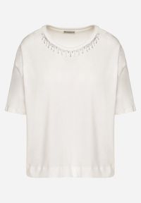Born2be - Biały Bawełniany T-shirt Ozdobiony Cyrkoniami Fadelis. Okazja: na spotkanie biznesowe, na co dzień. Kolor: biały. Materiał: bawełna. Wzór: aplikacja. Styl: casual, elegancki, biznesowy #6