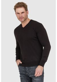 La Martina - LA MARTINA Czarny sweter męski z wełną w serek, Rozmiar 3XL. Typ kołnierza: dekolt w serek. Kolor: czarny. Materiał: wełna
