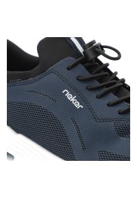 Sneakersy damskie Rieker, tekstylna cholewka z siateczkowymi panelami i sznurowaniem oraz wzmocnionym zapiętkiem, niebieskie, N5257-14. Okazja: na spacer, na co dzień. Kolor: niebieski. Materiał: materiał. Szerokość cholewki: normalna. Sport: turystyka piesza #7