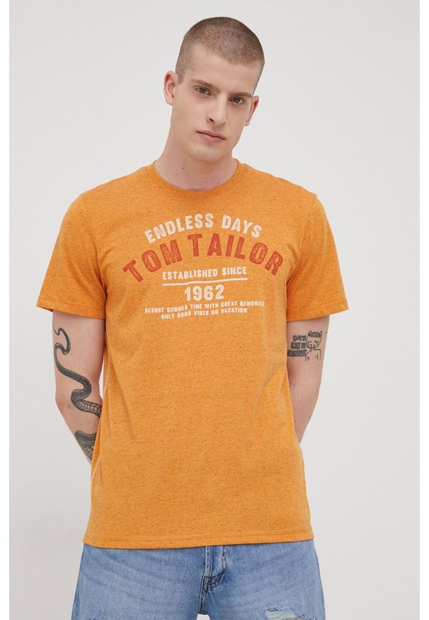 Tom Tailor t-shirt męski kolor pomarańczowy z nadrukiem. Kolor: pomarańczowy. Materiał: dzianina. Wzór: nadruk