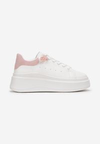 Born2be - Biało-Różowe Sneakersy na Grubej Podeszwie z Naszywką Chonris. Kolor: biały. Wzór: aplikacja #3