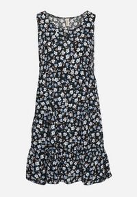 Born2be - Czarno-Niebieska Bawełniana Sukienka na Ramiączkach o Rozkloszowanym Kroju w Drobne Kwiaty Doratia. Kolor: czarny. Materiał: bawełna. Długość rękawa: na ramiączkach. Wzór: kwiaty. Typ sukienki: rozkloszowane. Styl: elegancki. Długość: mini #7