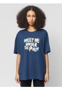 outhorn - T-shirt oversize z nadrukiem damski - granatowy. Okazja: na plażę. Kolor: niebieski. Materiał: bawełna, materiał, dzianina. Wzór: nadruk. Styl: wakacyjny #2