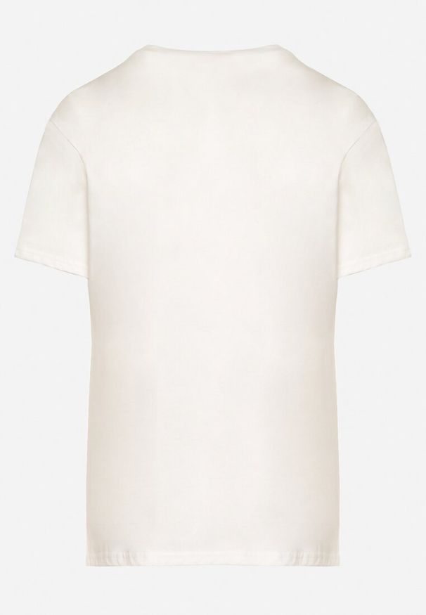 Born2be - Biały Bawełniany T-shirt z Krótkim Rękawem i Aplikacją w Kształcie Kwiatu z Cyrkoniami Dimantee. Okazja: na co dzień. Kolor: biały. Materiał: bawełna. Długość rękawa: krótki rękaw. Długość: krótkie. Wzór: aplikacja, kwiaty. Styl: klasyczny, casual