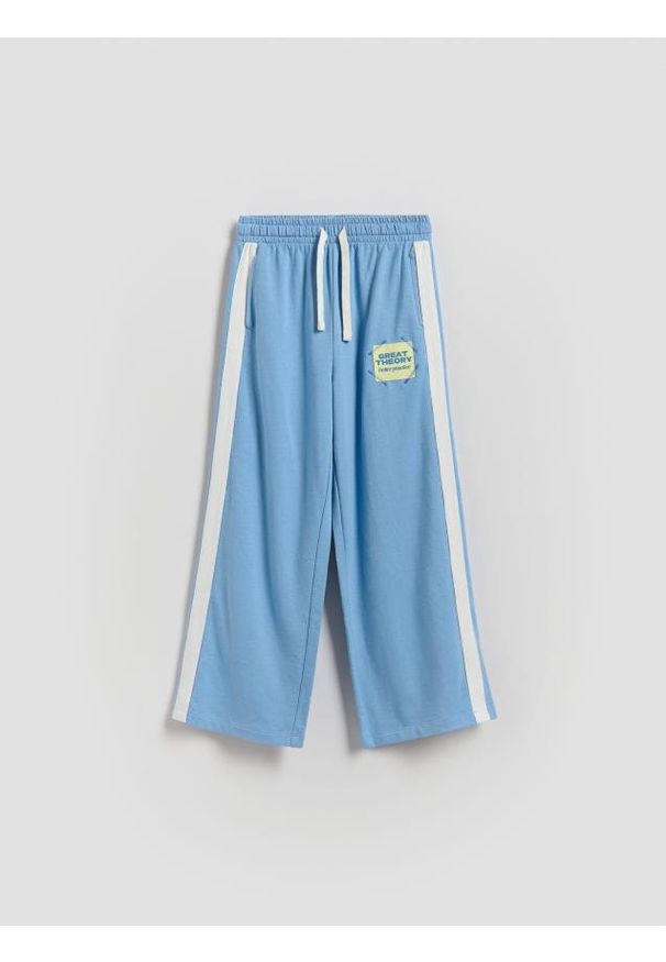 Reserved - Dresowe spodnie z lampasem - niebieski. Kolor: niebieski. Materiał: dresówka