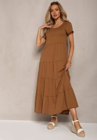 Renee - Brązowa Rozkloszowana Sukienka Maxi z Bawełny Sanjees. Okazja: na co dzień. Kolor: brązowy. Materiał: bawełna. Typ sukienki: proste. Styl: casual. Długość: maxi #5