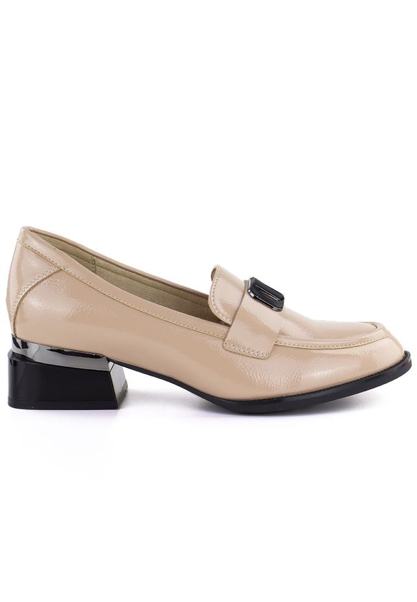 Półbuty damskie lakierowane na ozdobnym obcasie beżowe Vinceza 58638. Kolor: beżowy. Materiał: skóra ekologiczna. Obcas: na obcasie. Wysokość obcasa: średni