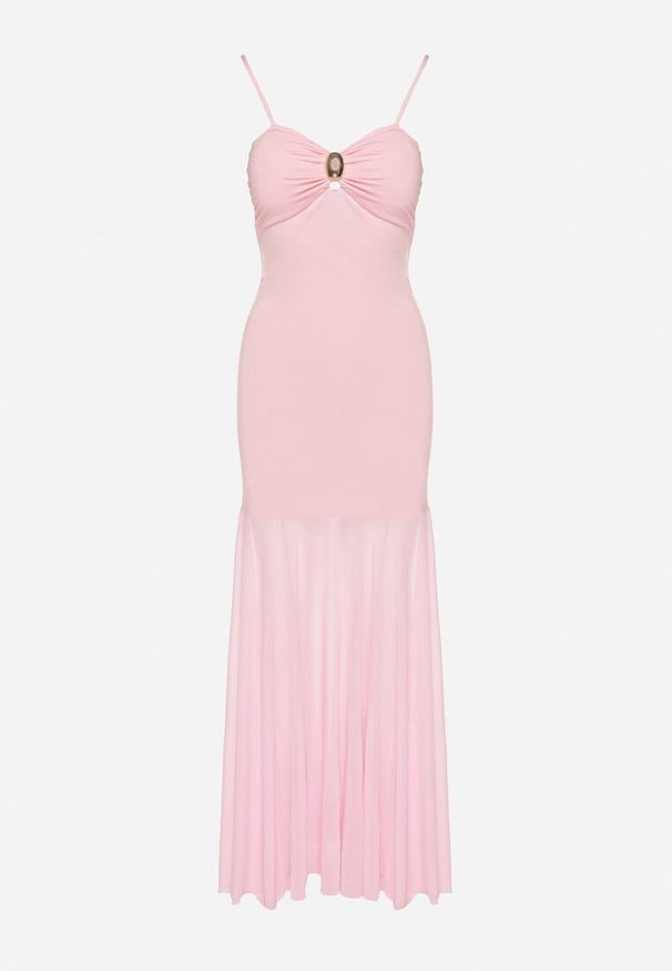 Born2be - Różowa Sukienka na Ramiączkach z Wiskozą Zdobiona Aplikacją i Siateczką Savaleira. Okazja: na co dzień. Typ kołnierza: dekolt w kształcie V. Kolor: różowy. Materiał: wiskoza. Długość rękawa: na ramiączkach. Wzór: aplikacja. Styl: klasyczny, casual, elegancki