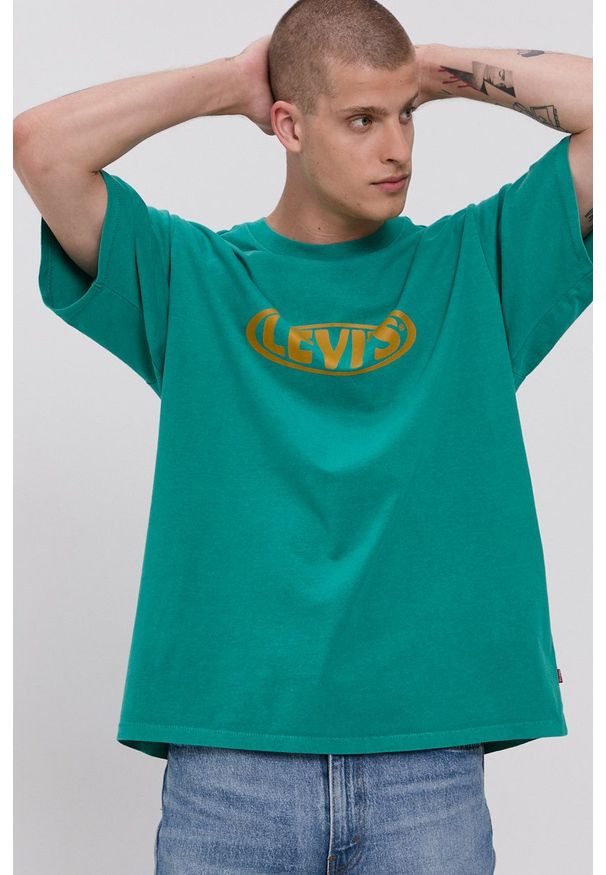 Levi's® - Levi's - T-shirt bawełniany. Okazja: na spotkanie biznesowe. Kolor: zielony. Materiał: bawełna. Wzór: nadruk. Styl: biznesowy