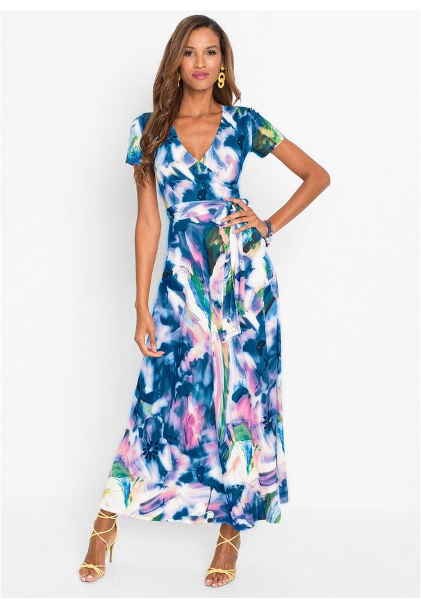 bonprix - Sukienka maxi. Kolor: niebieski. Wzór: kolorowy, kwiaty. Sezon: lato. Długość: maxi