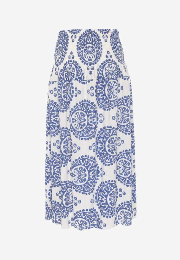 Born2be - Niebieska Rozkloszowana Spódnica z Wiskozy z Wysokim Stanem i Etnicznym Wzorem Ari. Okazja: do pracy, na co dzień, na spacer. Stan: podwyższony. Kolor: niebieski. Materiał: wiskoza. Wzór: aplikacja. Sezon: lato. Styl: casual