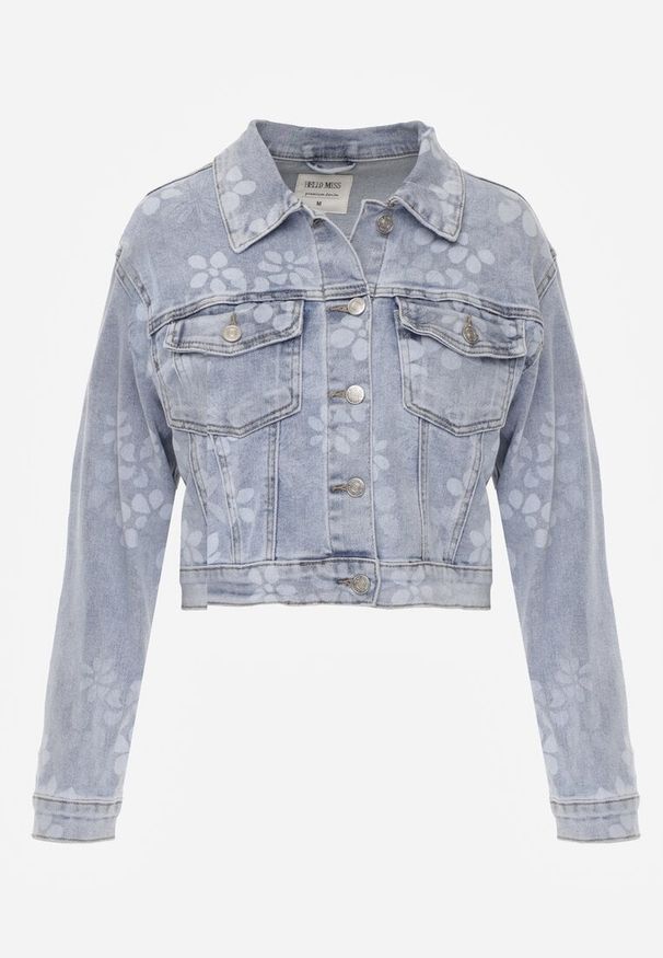 Renee - Niebieska Jeansowa Kurtka Cropped z Bawełną i Wiskozą w Kwiatowy Print Malwira. Okazja: na co dzień. Kolor: niebieski. Materiał: wiskoza, jeans, bawełna. Wzór: nadruk, kwiaty. Sezon: wiosna. Styl: casual