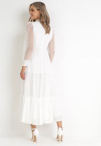 Born2be - Biała Rozkloszowana Sukienka z Ozdobnymi Tiulowymi Wstawkami Revisa. Typ kołnierza: kołnierz z falbankami. Kolor: biały. Materiał: tiul. Wzór: aplikacja. Długość: maxi #5