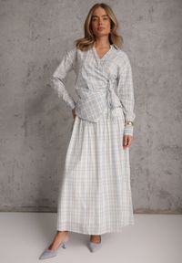 Renee - Niebieski Bawełniany Komplet Rozkloszowana Spódnica i Bluzka z Wiązaniem Allisa. Kolor: niebieski. Materiał: bawełna. Wzór: kratka #6